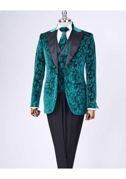 İtalyan kesim slim fit ceket yelek pantolon damatlık set yeşil T12520 fiyatları