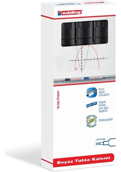 Edding 360 Xl Beyaz Yazı Tahtası Kalemi, Siyah, 3'lü Set, Yeniden Doldurulabilir fiyatları