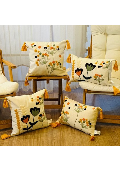 4’lü Punch Işlemeli Premium Nakışlı Dal Çiçek Temalı Dekoratif Kırlent Kılıfı