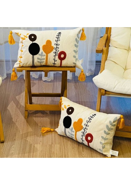 2’li Dikdörtgen Punch Işlemeli Premium Nakışlı Dal Çiçek Temalı Dekoratif Kırlent Kılıfı