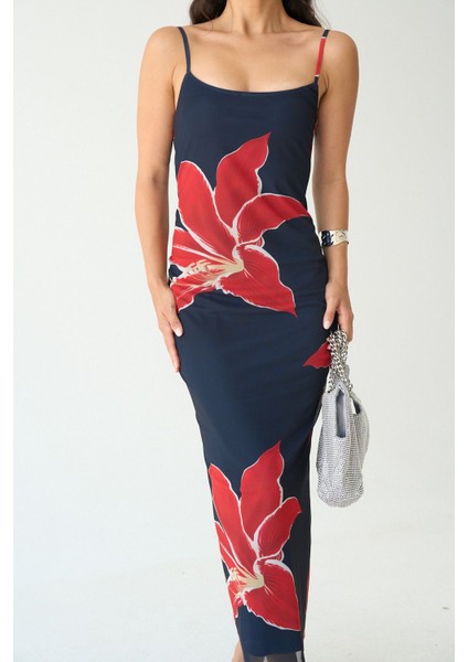 Kadın Ince Askılı Kırmızı Çiçekli Tül Elbise