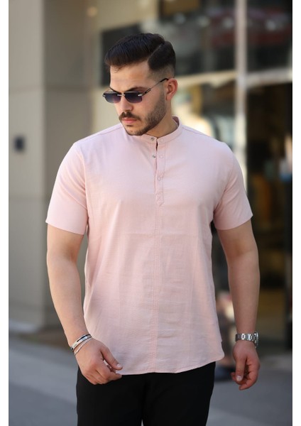Kısa Kol Hakim Yaka Keten Gömlek
