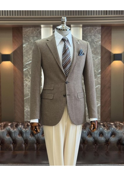Terziademaltun Italyan Stil Slim Fit Mono Yaka Kaşe Erkek Ceket Vizon T10942
