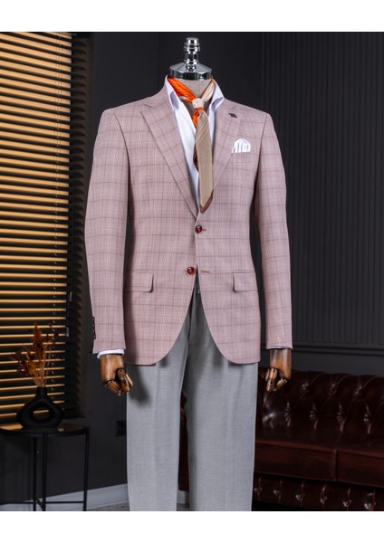 Klasik Kesim Regular Fit Mono Yaka Ekose Erkek Ceket Pembe T11526
