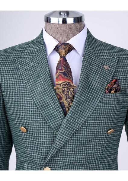 İtalyan stil slim fit kazayağı desen kruvaze erkek ceket yeşil T12552 fiyatları