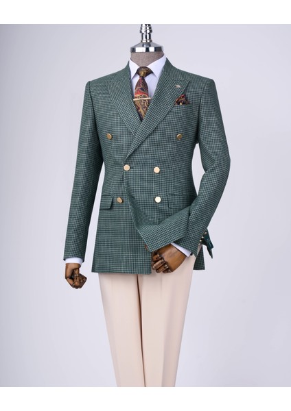 İtalyan stil slim fit kazayağı desen kruvaze erkek ceket yeşil T12552 indirimleri