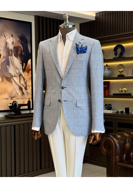 İtalyan stil slim fit ekose erkek ceket mavi T12548