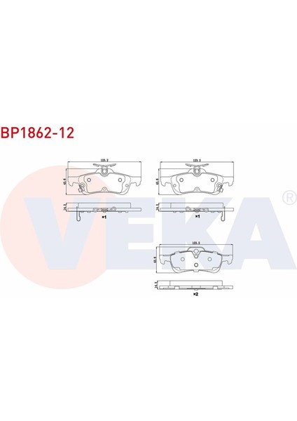 VEKA-BP1862-12 - Fren Balata Arka Ikazlı Honda Cıvıc Ix 1.6i 2012-2016/ Cıvıc Ix 1.6 I-Dtec 2012-2016/ Cıvıc Ix 1.4i 2012-2016/ Toyota Yarıs (P13) 1.4 D-4d 2011-/ Yarıs (P13) 1.33 2011-/