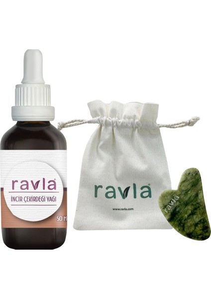 2'li Ürün - Ravla Yeşim Gua Sha Yüz Masaj Taşı / Ravla Incir Çekirdeği Yağı - 50ML