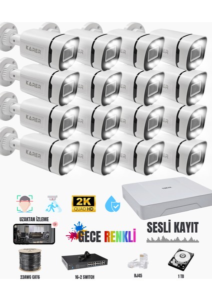 16’lı 2k Sesli Ip Güvenlik Kamerası Seti – 1tb Hdd, 305M Cat6, Gece Renkli, Uzaktan Izleme