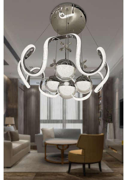 Arya Fanus 4 Toplu Simli Slikonlu Yüksek (Işık) Modern Salon LED Avizesi