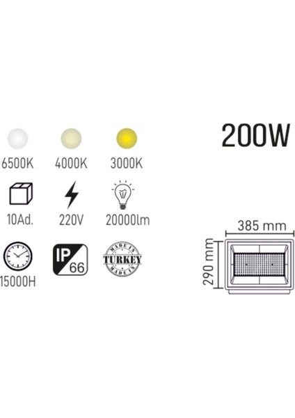 200W LED Projektör | Beyaz Işık | Bahçe, Halı Saha, Dış Mekan Aydınlatma | IP66 Su Geçirmez