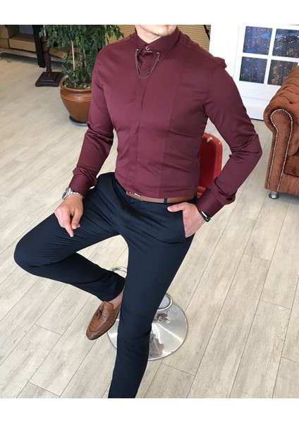 İtalyan Kesim Slim Fit Erkek Saten Bordo Zincirli Gömlek T4099