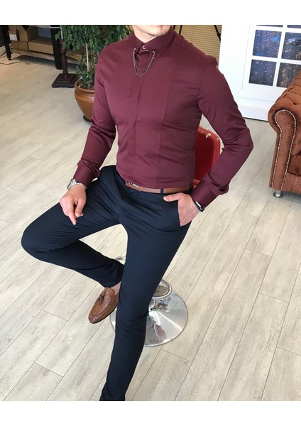 İtalyan Kesim Slim Fit Erkek Saten Bordo Zincirli Gömlek T4099 fiyatları