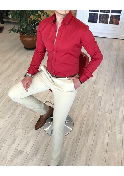 italyan stil slim fit dik yaka saten erkek kırmızı gömlek T4113
