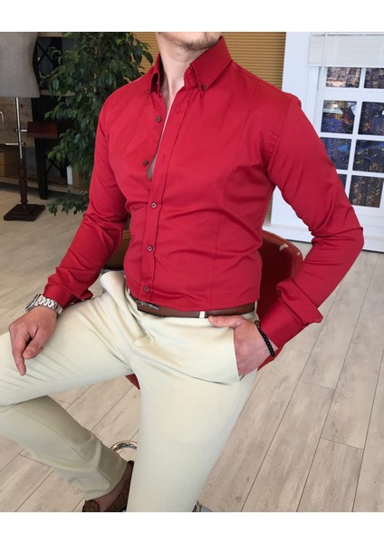 italyan stil slim fit dik yaka saten erkek kırmızı gömlek T4113 fiyatları