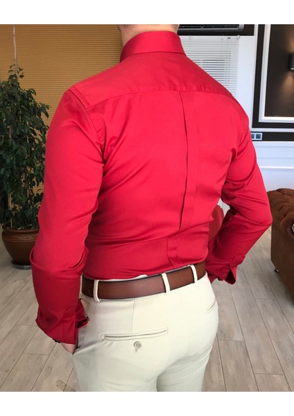 italyan stil slim fit dik yaka saten erkek kırmızı gömlek T4113 modelleri