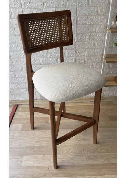 Concept Zion Bar Sandalyesi Teddy Krem Kumaş Hasırlı Ceviz Ahşap Ada Sandalye modelleri