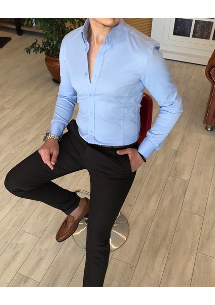 İtalyan Stil Slim Fit Dik Yaka Saten Erkek Gömlek Mavi T4750 fiyatları