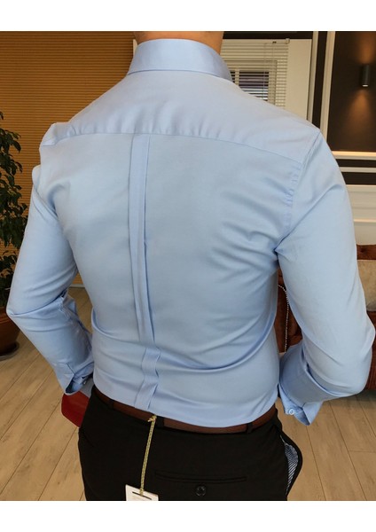 İtalyan Stil Slim Fit Dik Yaka Saten Erkek Gömlek Mavi T4750 fırsatları