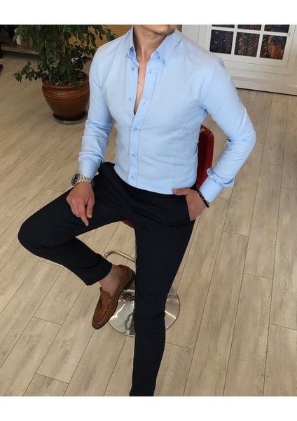 İtalyan Stil Slim Fit Dik Yaka Saten Erkek Gömlek Buz Mavisi T4749