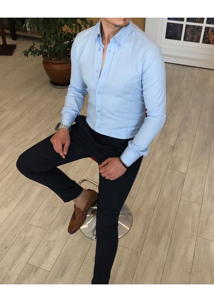 İtalyan Stil Slim Fit Dik Yaka Saten Erkek Gömlek Buz Mavisi T4749 fiyatları