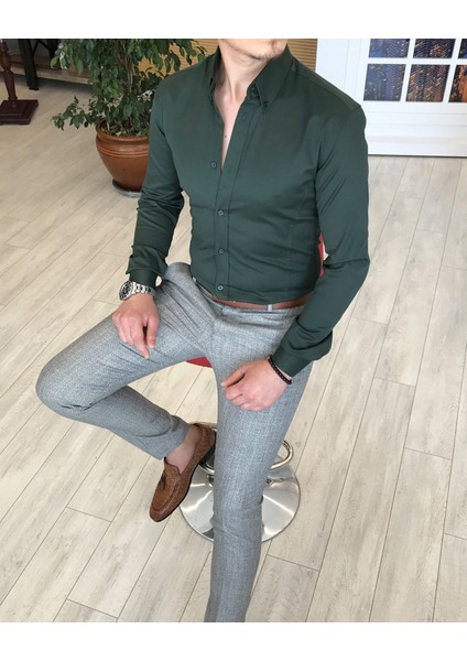 İtalyan Stil Slim Fit Dik Yaka Saten Erkek Gömlek Yeşil T4743