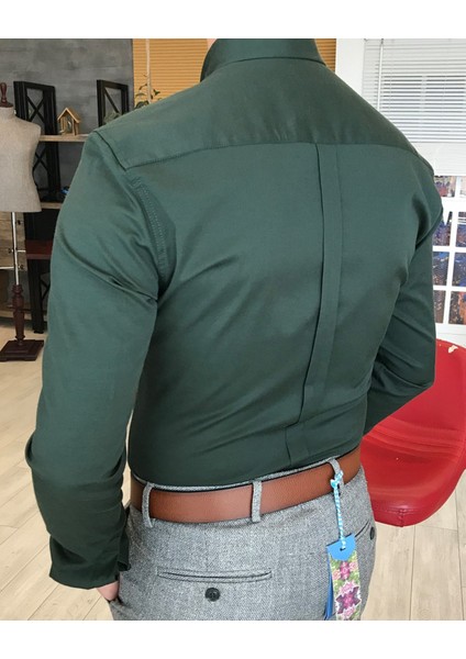 İtalyan Stil Slim Fit Dik Yaka Saten Erkek Gömlek Yeşil T4743 modelleri