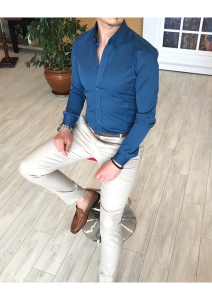 İtalyan Stil Slim Fit Dik Yaka Saten Erkek Gömlek Lacivert T4752 fiyatları