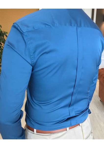 İtalyan Stil Slim Fit Dik Yaka Saten Erkek Gömlek Lacivert T4752 modelleri