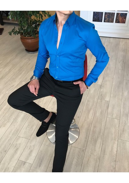 İtalyan Stil Slim Fit Dik Yaka Saten Erkek Gömlek Saks T4744