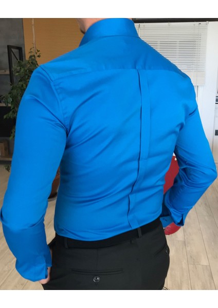 İtalyan Stil Slim Fit Dik Yaka Saten Erkek Gömlek Saks T4744 fiyatları