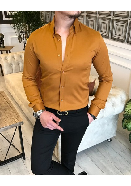 italyan stil slim fit dik yaka saten erkek gömlek Hardal T5105