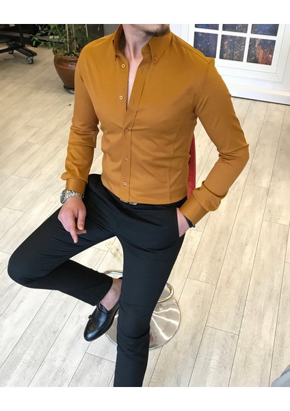 italyan stil slim fit dik yaka saten erkek gömlek Hardal T5105 fiyatları