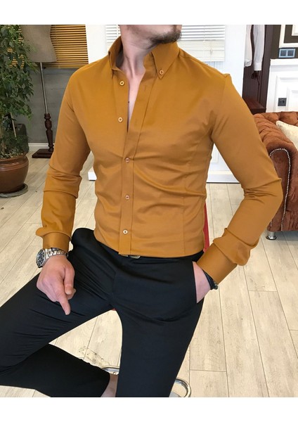 italyan stil slim fit dik yaka saten erkek gömlek Hardal T5105 modelleri