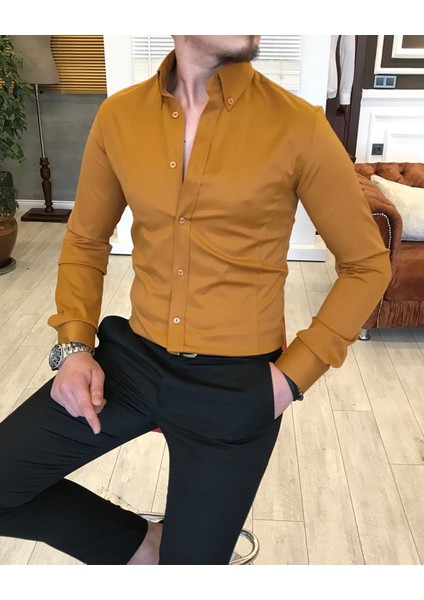 italyan stil slim fit dik yaka saten erkek gömlek Hardal T5105 fırsatları