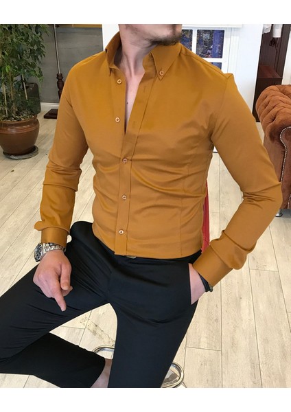 italyan stil slim fit dik yaka saten erkek gömlek Hardal T5105 indirimleri