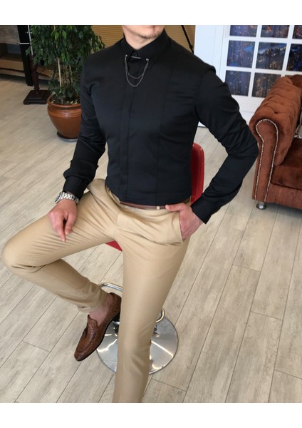 İtalyan Kesim Slim Fit Erkek Saten Siyah Zincirli Gömlek T4090