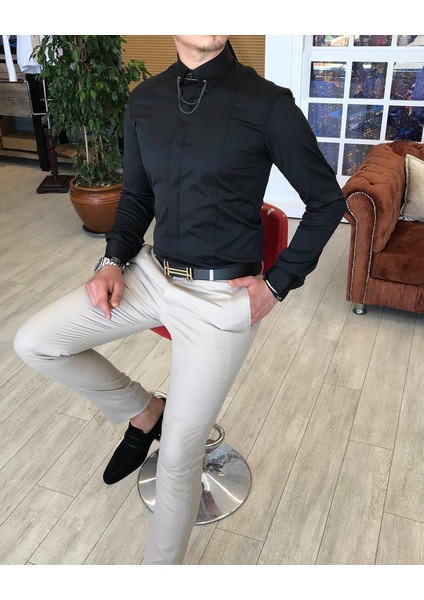 İtalyan Kesim Slim Fit Erkek Saten Siyah Zincirli Gömlek T4090 fiyatları