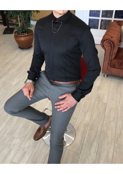 İtalyan Kesim Slim Fit Erkek Saten Siyah Zincirli Gömlek T4090 modelleri