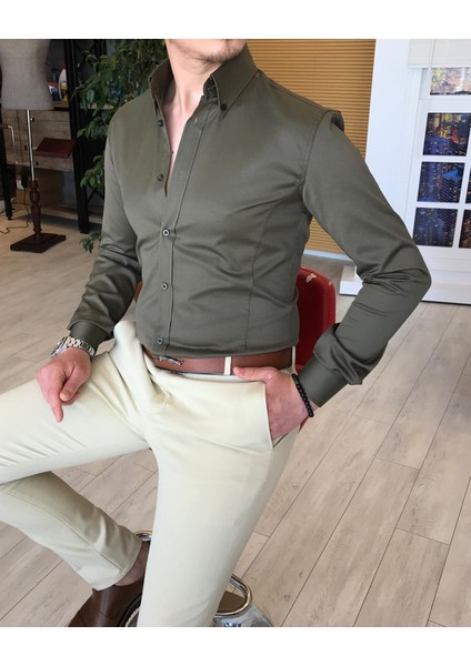 Italyan Stil Slim Fit Dik Yaka Saten Erkek Gömlek Haki T4745