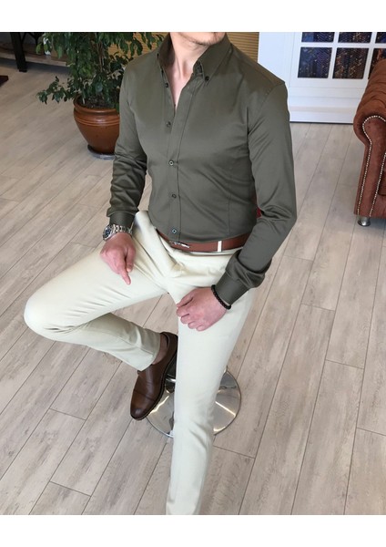 Italyan Stil Slim Fit Dik Yaka Saten Erkek Gömlek Haki T4745 fiyatları