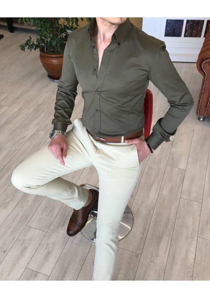 Italyan Stil Slim Fit Dik Yaka Saten Erkek Gömlek Haki T4745 modelleri