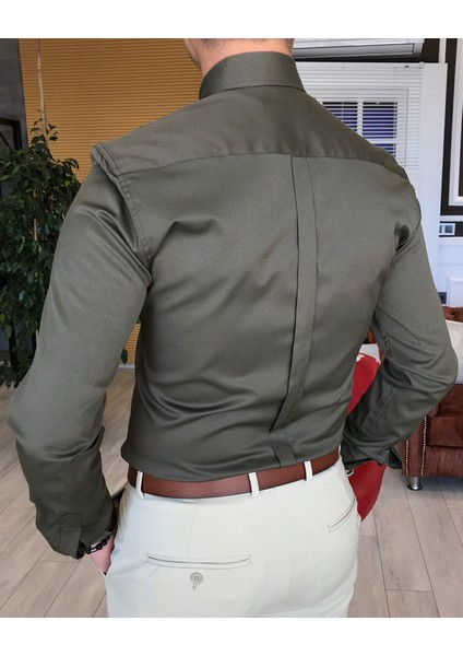 Italyan Stil Slim Fit Dik Yaka Saten Erkek Gömlek Haki T4745 fırsatları
