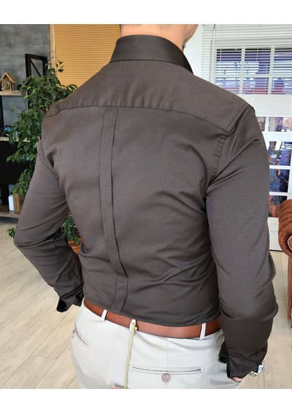 İtalyan Stil Slim Fit Dik Yaka Saten Erkek Gömlek Kahverengi T4753 fırsatları