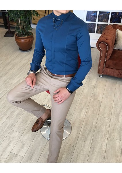 İtalyan Kesim Slim Fit Erkek Saten Lacivert Zincirli Gömlek T4098