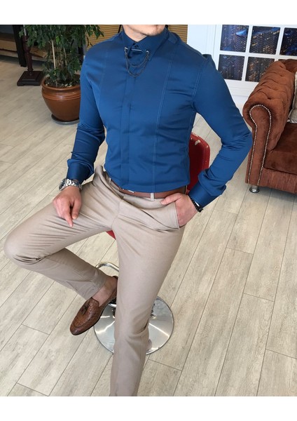 İtalyan Kesim Slim Fit Erkek Saten Lacivert Zincirli Gömlek T4098 fiyatları