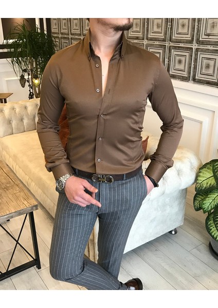 italyan stil slim fit dik yaka saten erkek gömlek Açık Kahve T5103