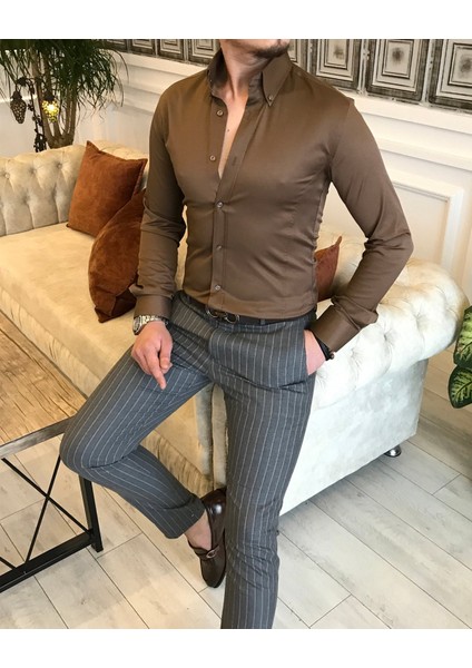 italyan stil slim fit dik yaka saten erkek gömlek Açık Kahve T5103 fiyatları