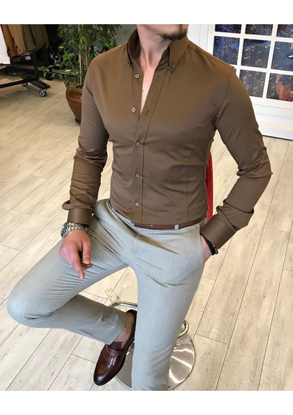 italyan stil slim fit dik yaka saten erkek gömlek Açık Kahve T5103 modelleri